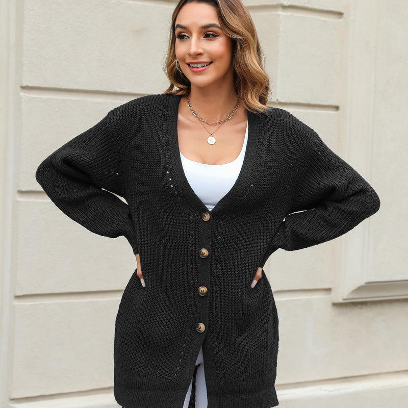 Women's Loose Knitted Cardigan Long Sleeve V-Neck Button Front Solid Color Sweater