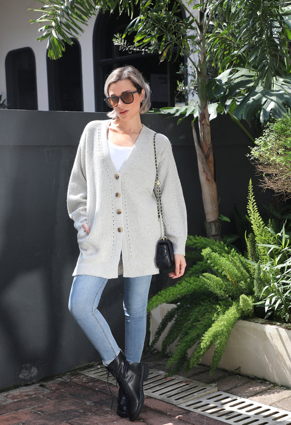 Women's Loose Knitted Cardigan Long Sleeve V-Neck Button Front Solid Color Sweater