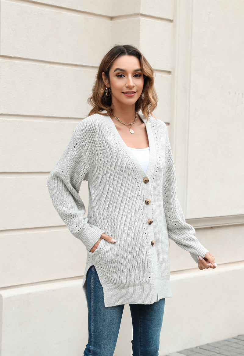 Women's Loose Knitted Cardigan Long Sleeve V-Neck Button Front Solid Color Sweater