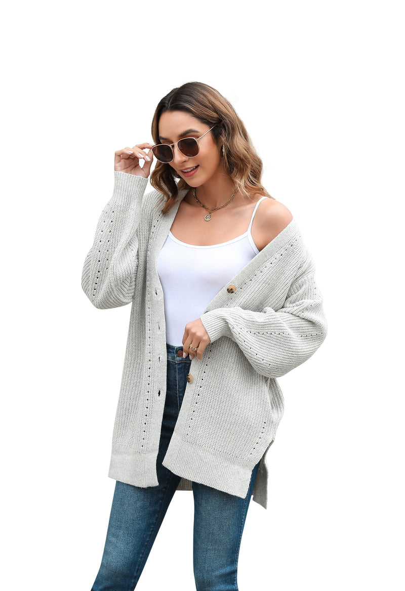 Women's Loose Knitted Cardigan Long Sleeve V-Neck Button Front Solid Color Sweater