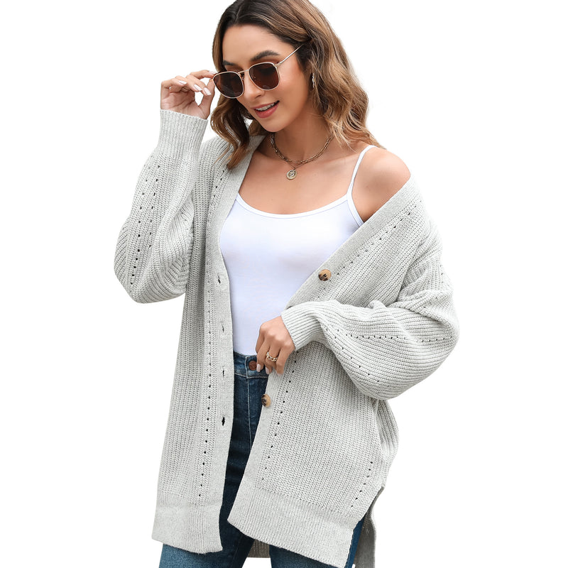 Women's Loose Knitted Cardigan Long Sleeve V-Neck Button Front Solid Color Sweater