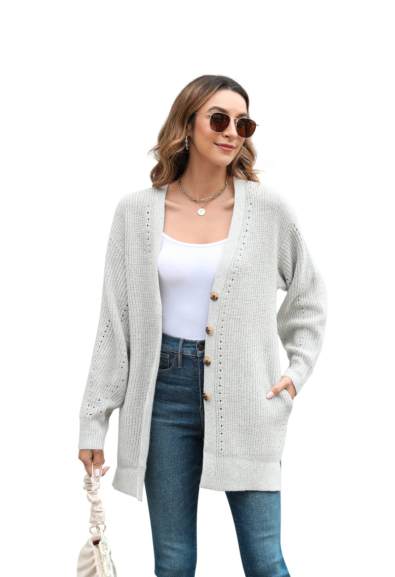 Women's Loose Knitted Cardigan Long Sleeve V-Neck Button Front Solid Color Sweater