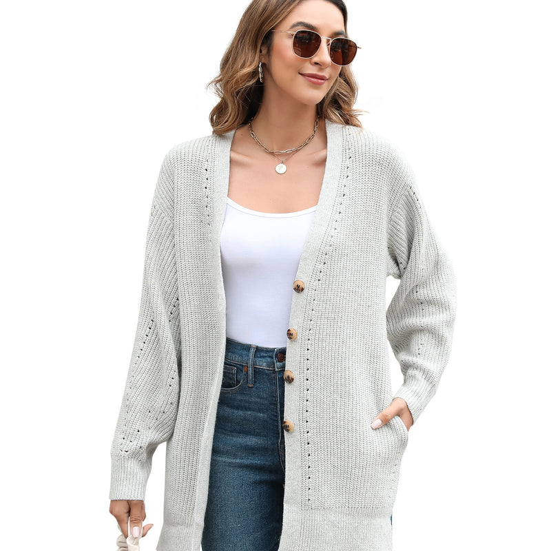 Women's Loose Knitted Cardigan Long Sleeve V-Neck Button Front Solid Color Sweater