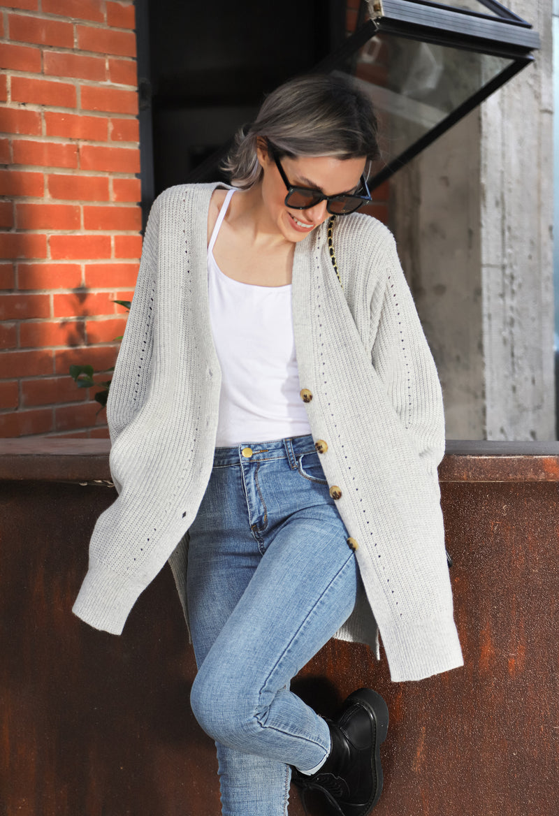 Women's Loose Knitted Cardigan Long Sleeve V-Neck Button Front Solid Color Sweater