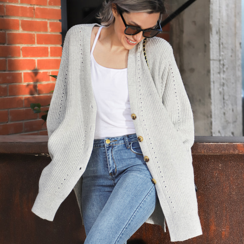 Women's Loose Knitted Cardigan Long Sleeve V-Neck Button Front Solid Color Sweater