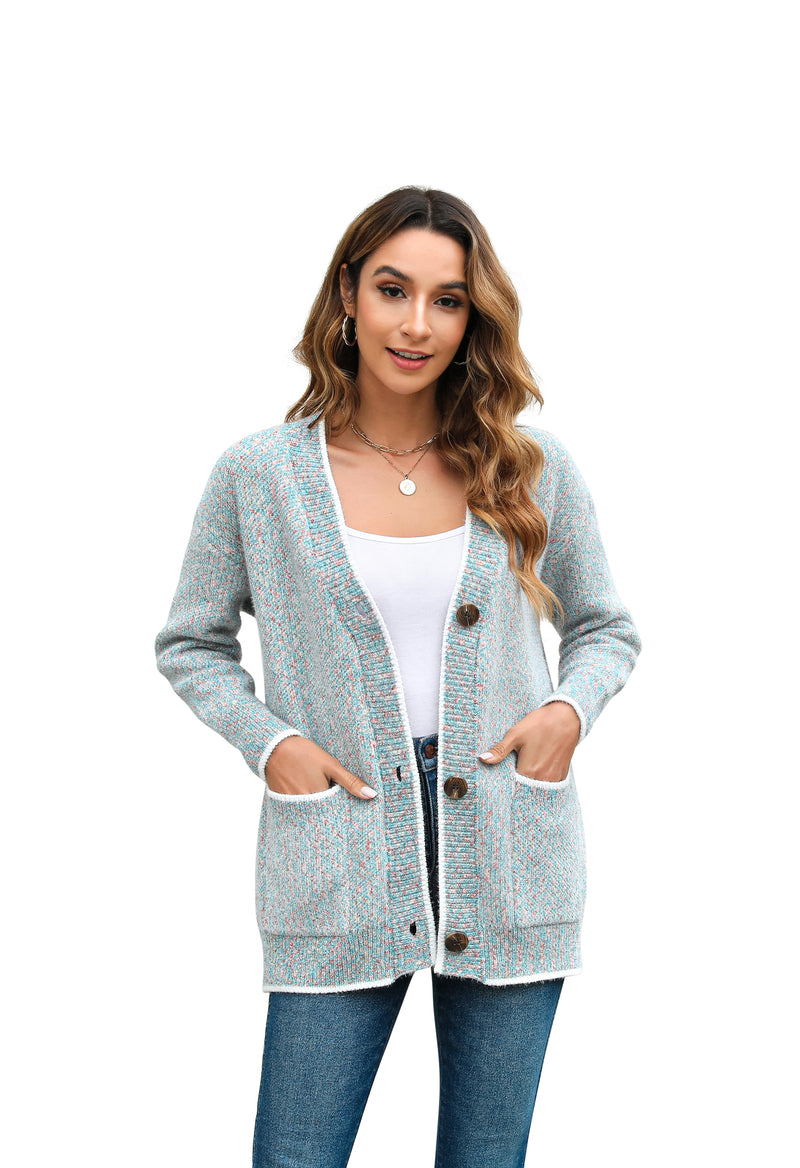 Women's Solid Color Knitted Cardigan Long Sleeve V-Neck Button Front Sweater with Pockets