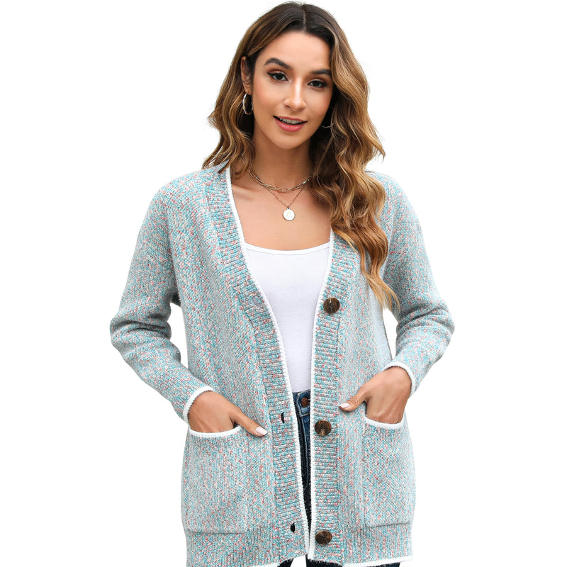Women's Solid Color Knitted Cardigan Long Sleeve V-Neck Button Front Sweater with Pockets