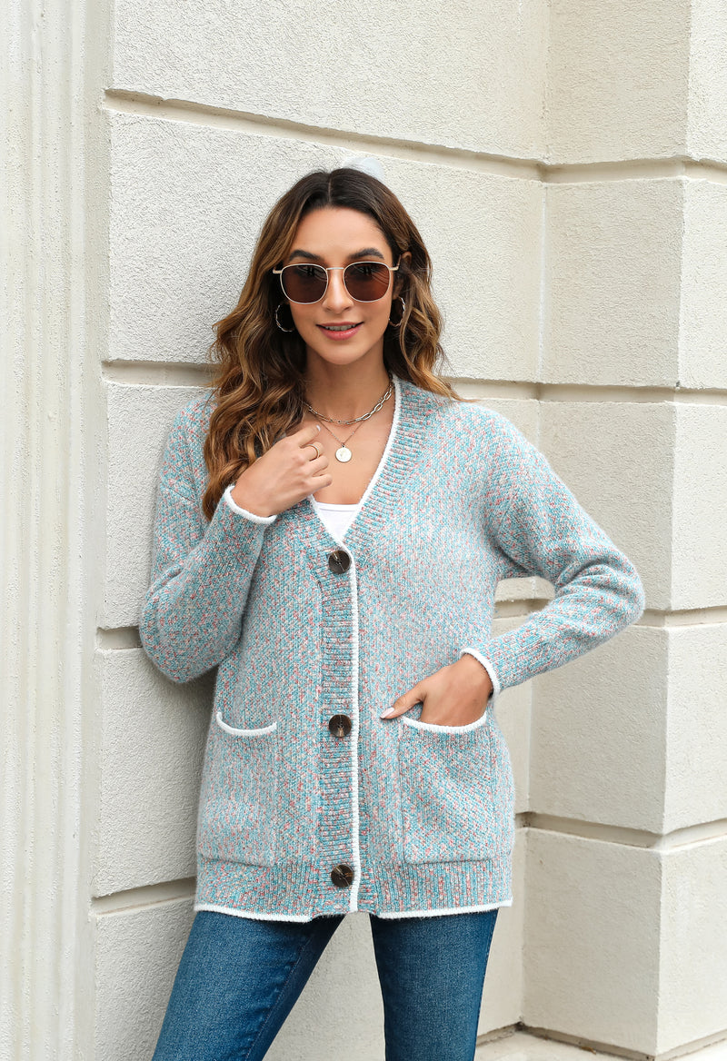 Women's Solid Color Knitted Cardigan Long Sleeve V-Neck Button Front Sweater with Pockets
