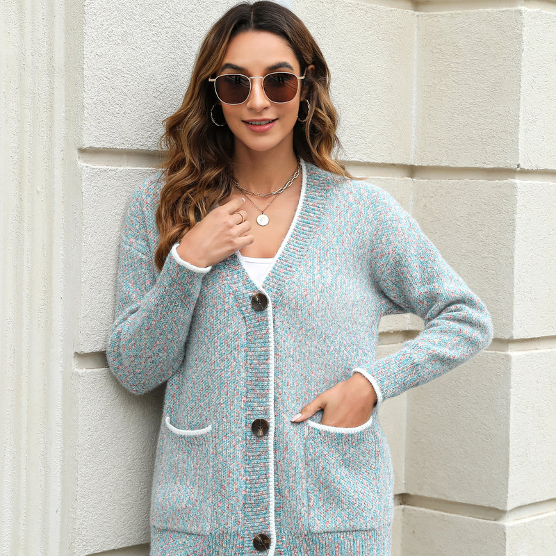 Women's Solid Color Knitted Cardigan Long Sleeve V-Neck Button Front Sweater with Pockets