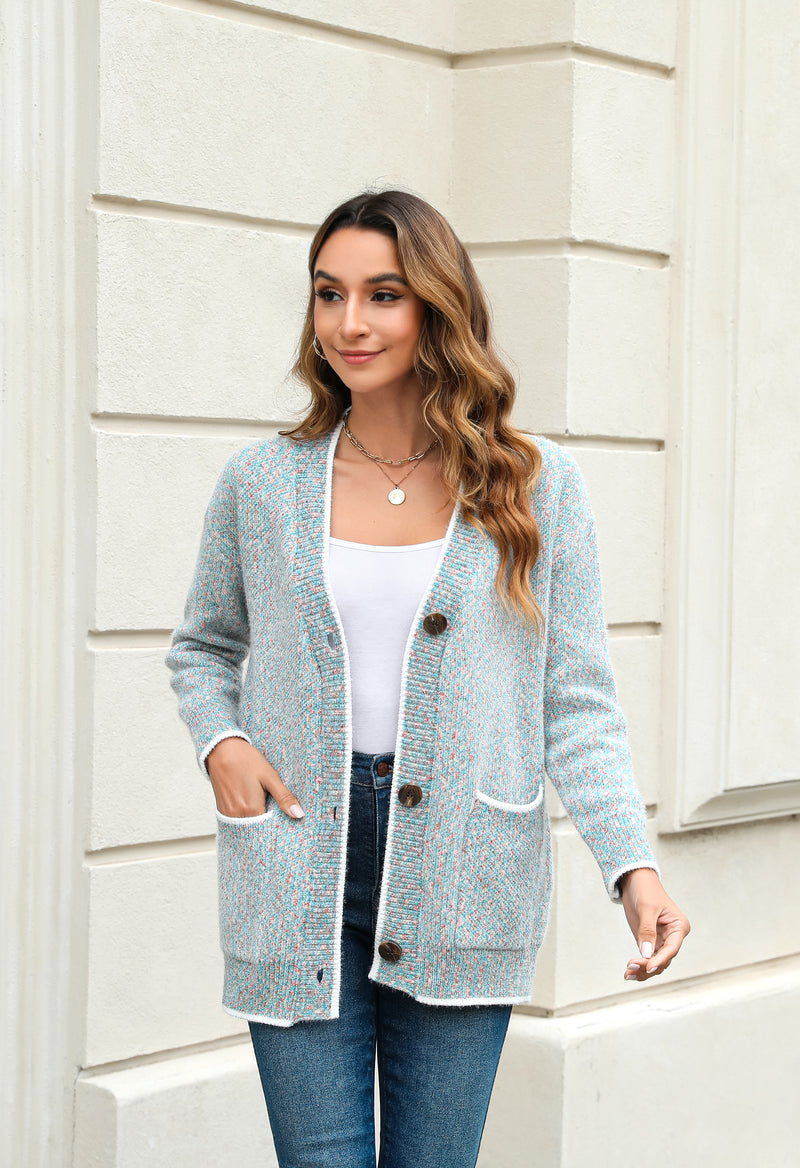 Women's Solid Color Knitted Cardigan Long Sleeve V-Neck Button Front Sweater with Pockets