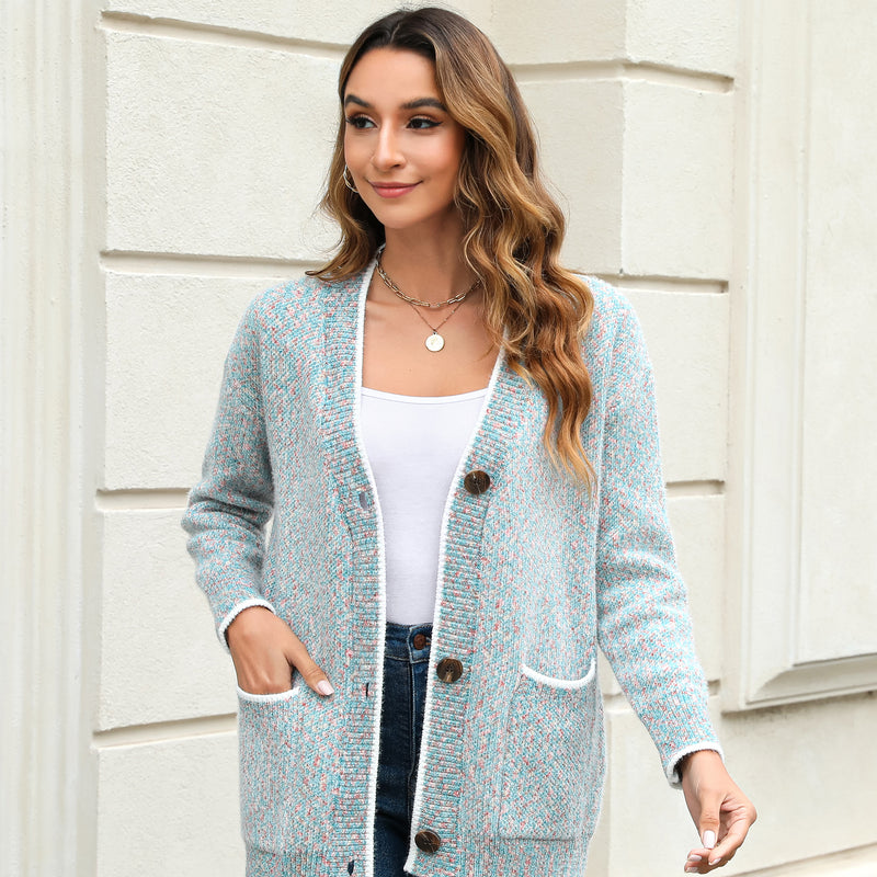 Women's Solid Color Knitted Cardigan Long Sleeve V-Neck Button Front Sweater with Pockets
