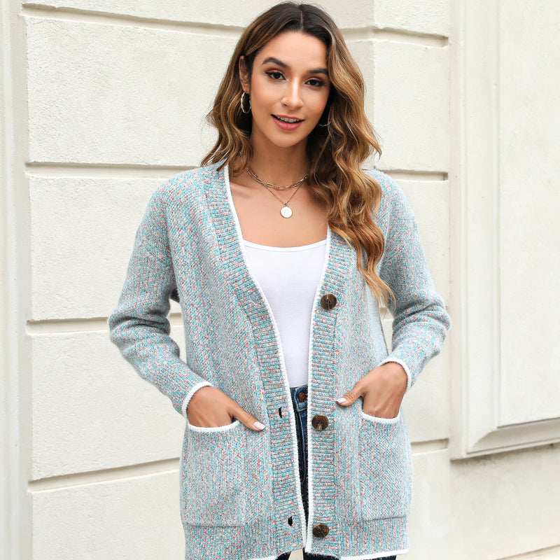 Women's Solid Color Knitted Cardigan Long Sleeve V-Neck Button Front Sweater with Pockets