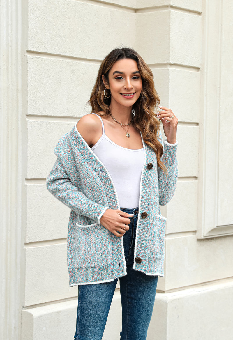 Women's Solid Color Knitted Cardigan Long Sleeve V-Neck Button Front Sweater with Pockets