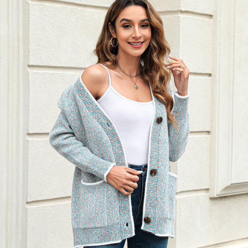 Women's Solid Color Knitted Cardigan Long Sleeve V-Neck Button Front Sweater with Pockets