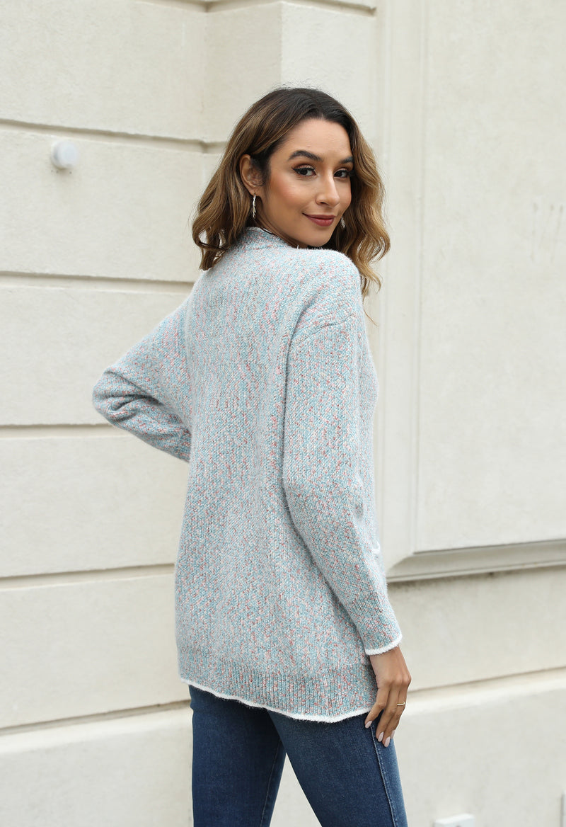 Women's Solid Color Knitted Cardigan Long Sleeve V-Neck Button Front Sweater with Pockets