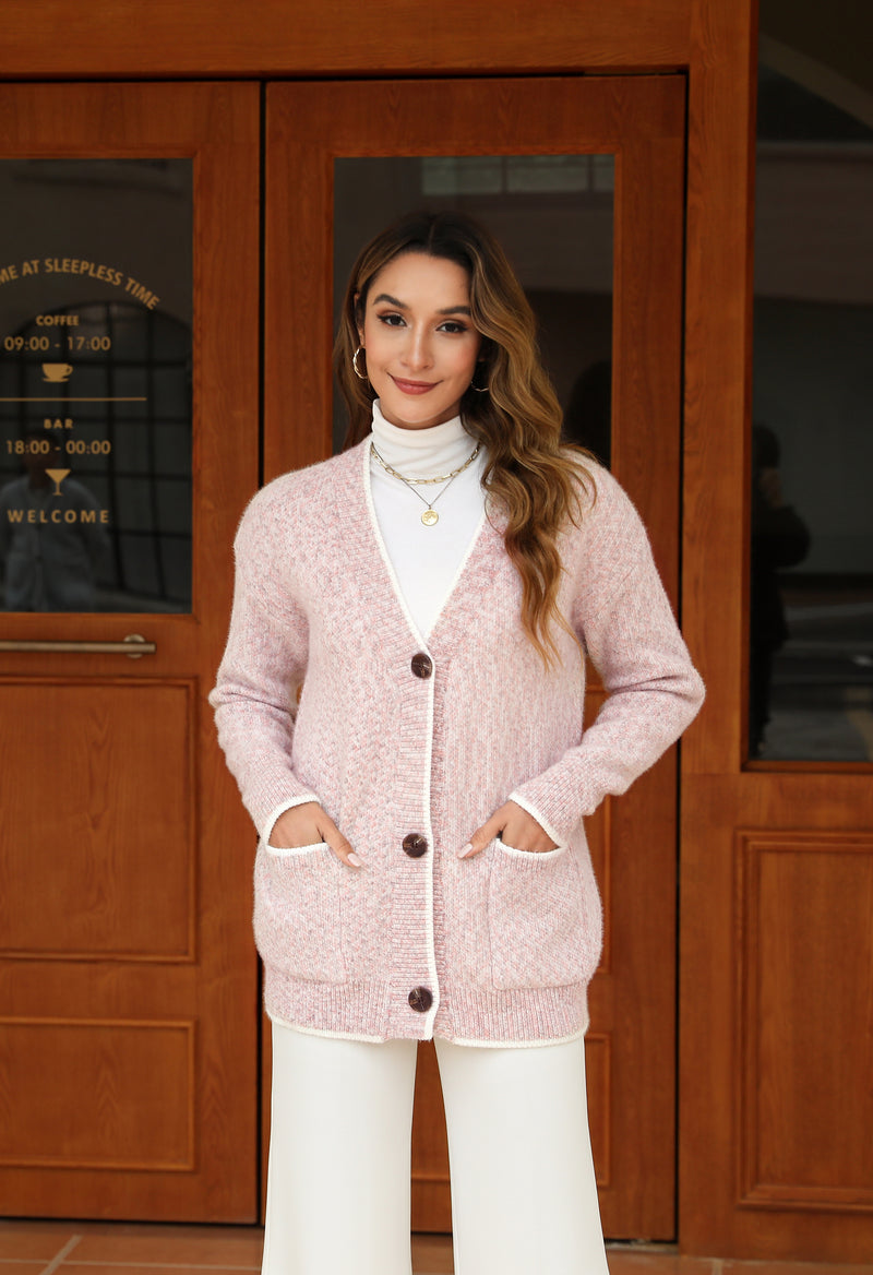 Women's Solid Color Knitted Cardigan Long Sleeve V-Neck Button Front Sweater with Pockets