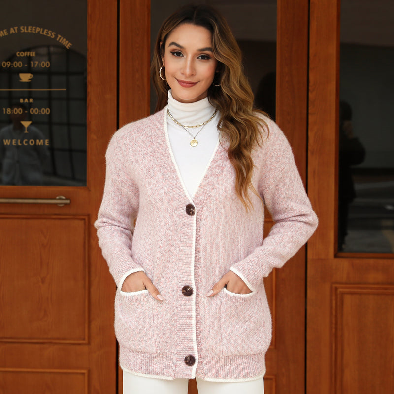 Women's Solid Color Knitted Cardigan Long Sleeve V-Neck Button Front Sweater with Pockets