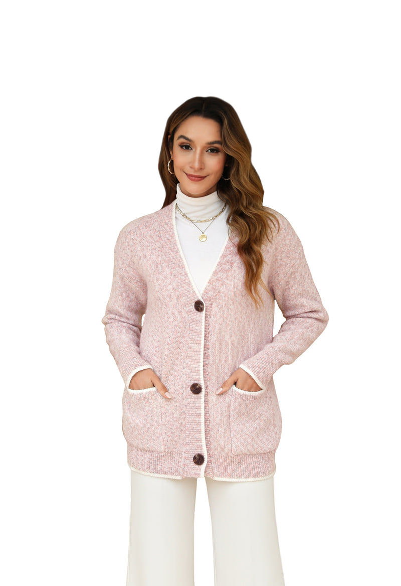 Women's Solid Color Knitted Cardigan Long Sleeve V-Neck Button Front Sweater with Pockets