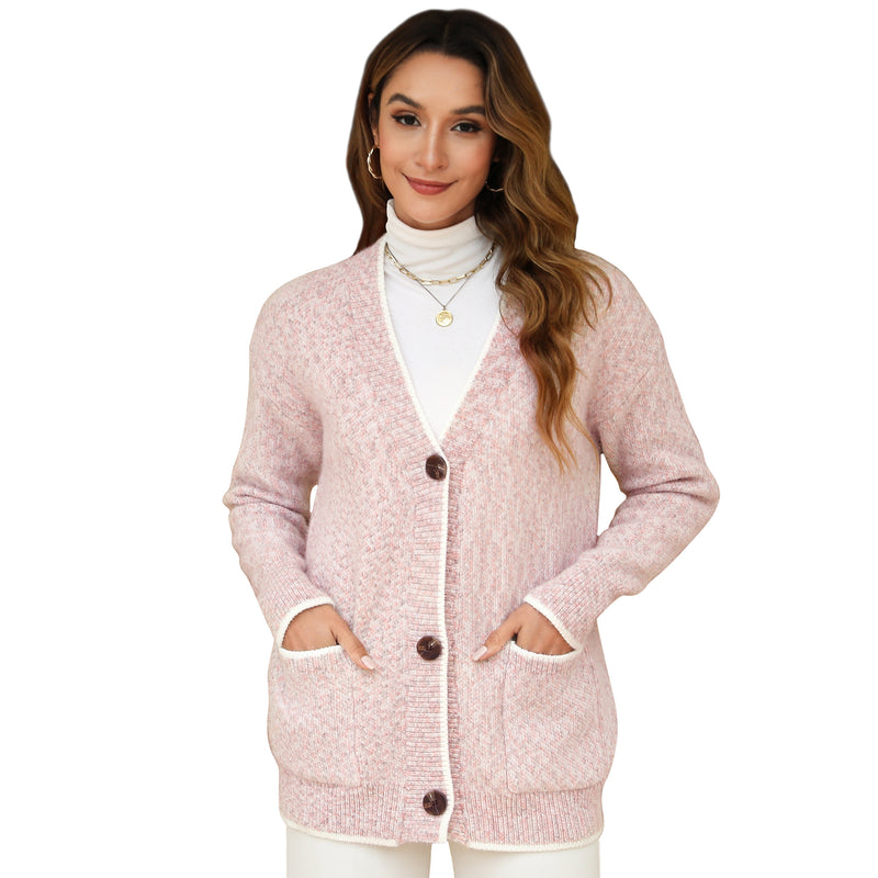 Women's Solid Color Knitted Cardigan Long Sleeve V-Neck Button Front Sweater with Pockets