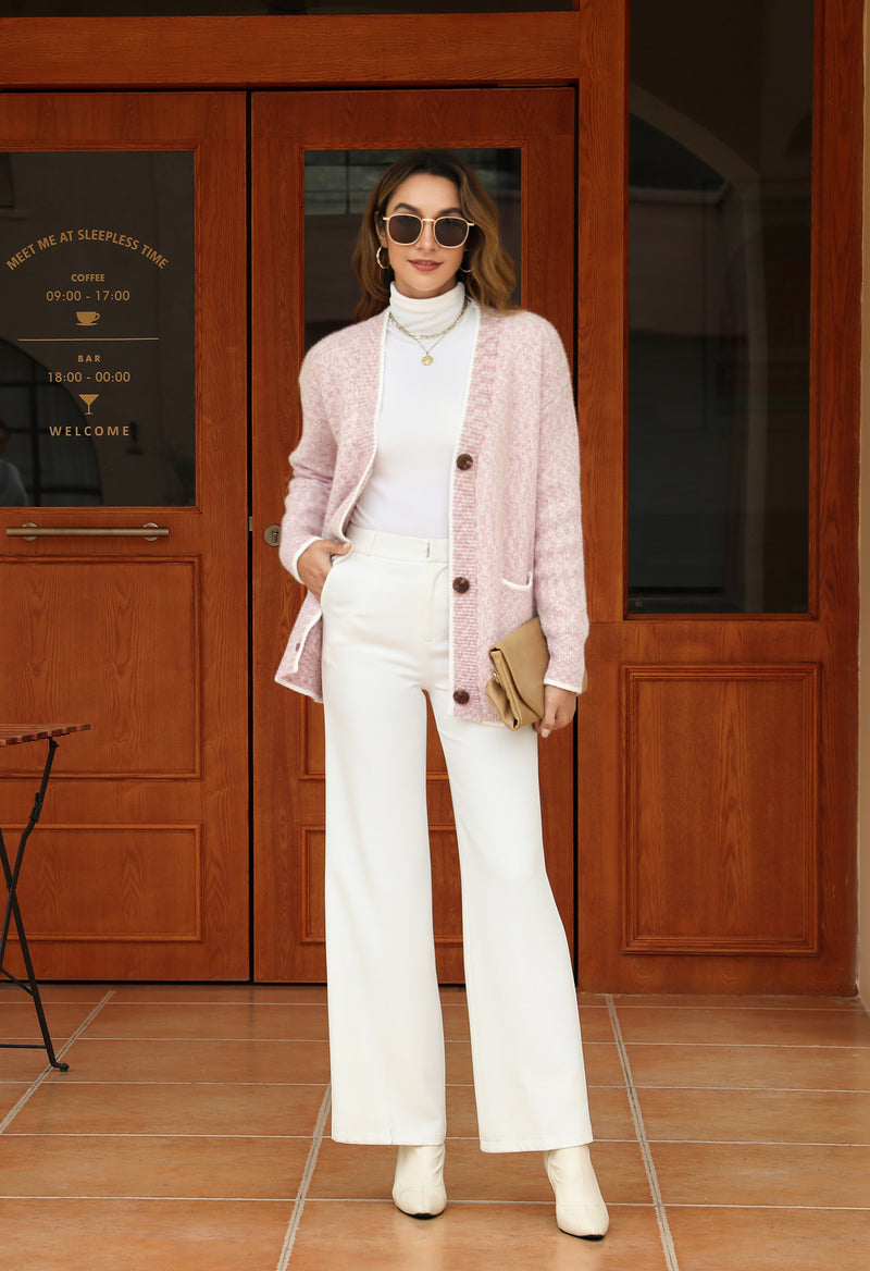 Women's Solid Color Knitted Cardigan Long Sleeve V-Neck Button Front Sweater with Pockets