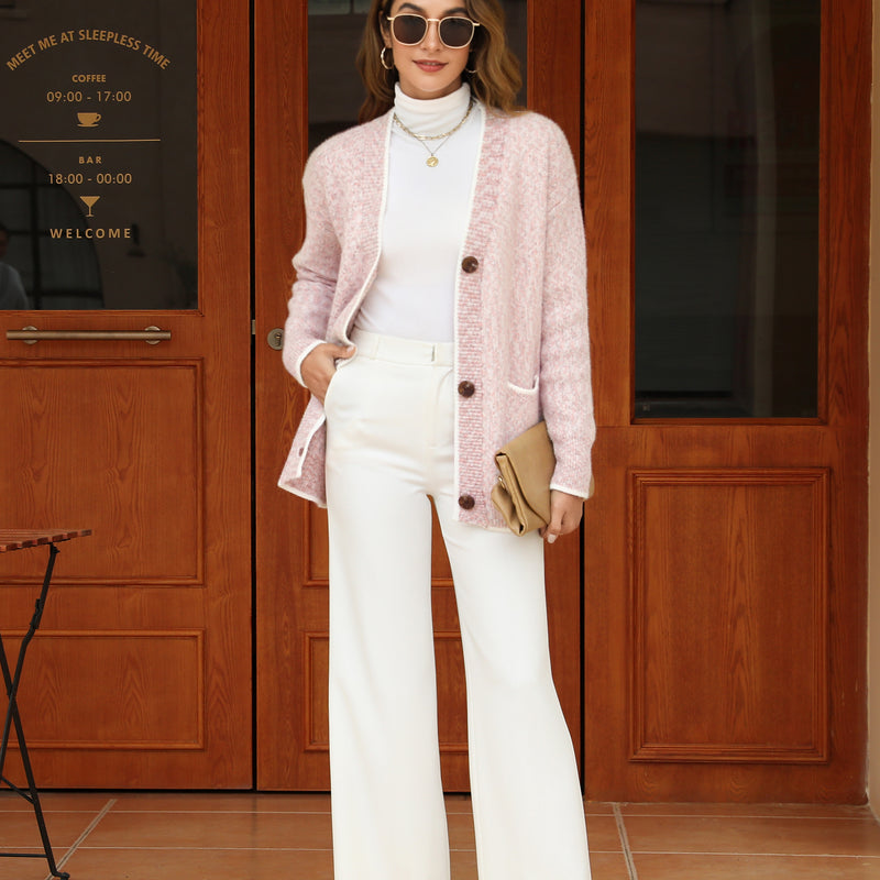 Women's Solid Color Knitted Cardigan Long Sleeve V-Neck Button Front Sweater with Pockets