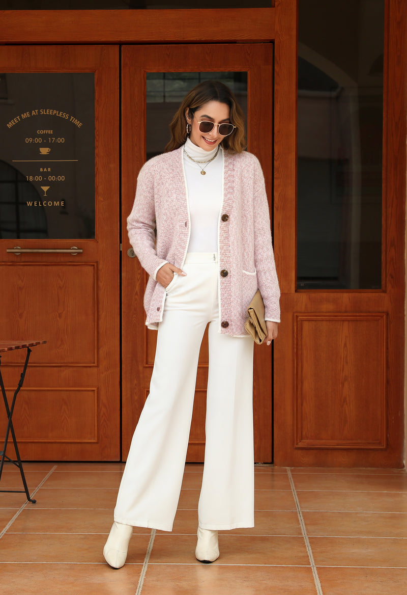 Women's Solid Color Knitted Cardigan Long Sleeve V-Neck Button Front Sweater with Pockets