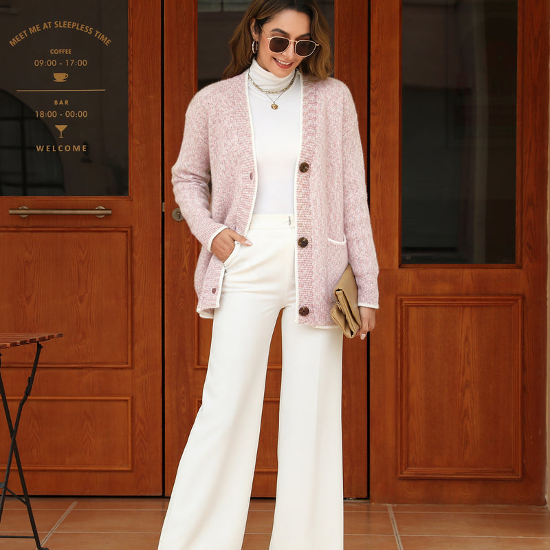 Women's Solid Color Knitted Cardigan Long Sleeve V-Neck Button Front Sweater with Pockets