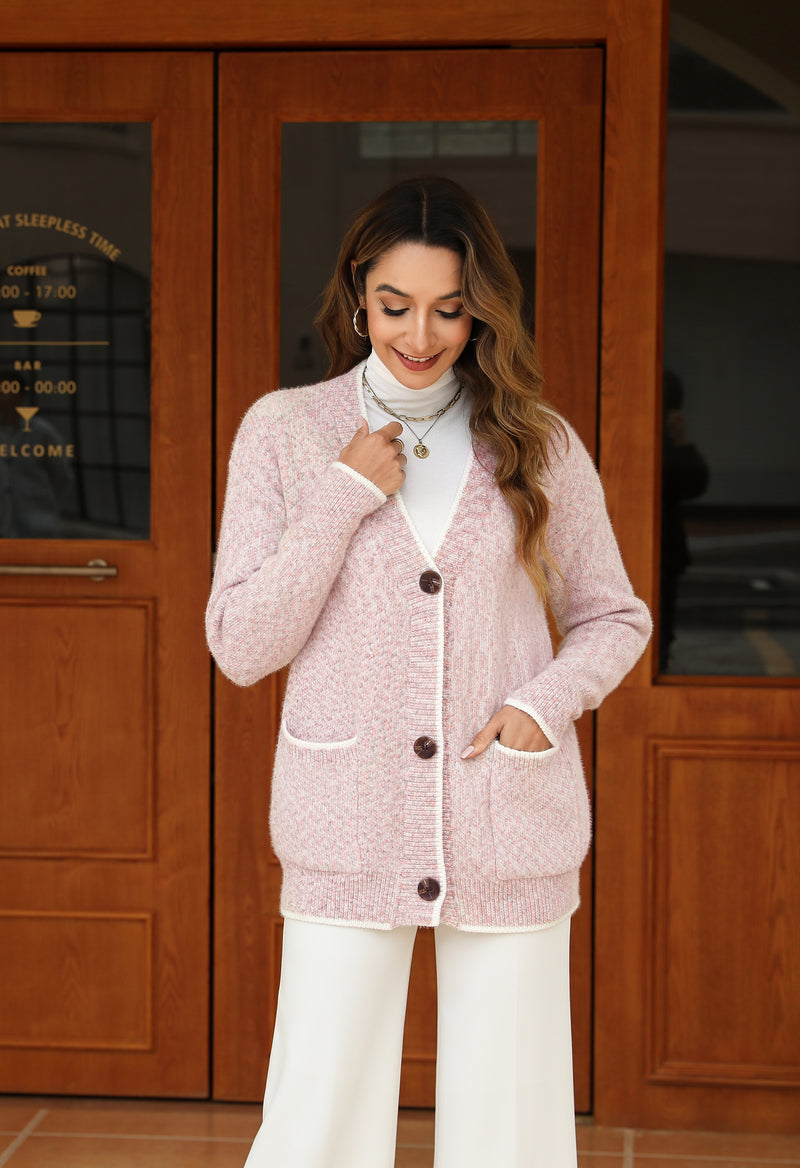 Women's Solid Color Knitted Cardigan Long Sleeve V-Neck Button Front Sweater with Pockets
