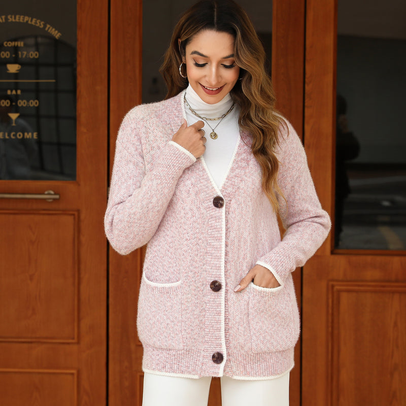 Women's Solid Color Knitted Cardigan Long Sleeve V-Neck Button Front Sweater with Pockets