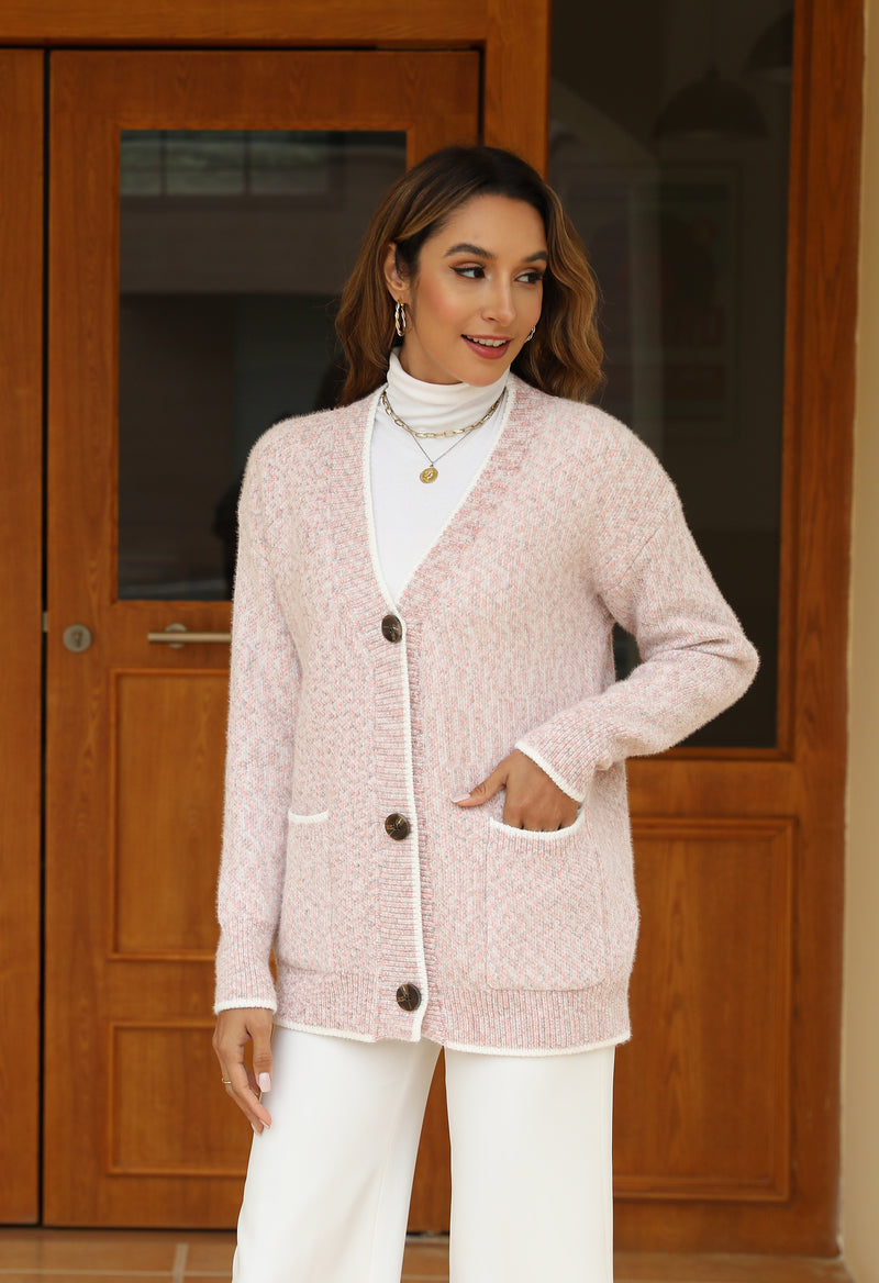 Women's Solid Color Knitted Cardigan Long Sleeve V-Neck Button Front Sweater with Pockets