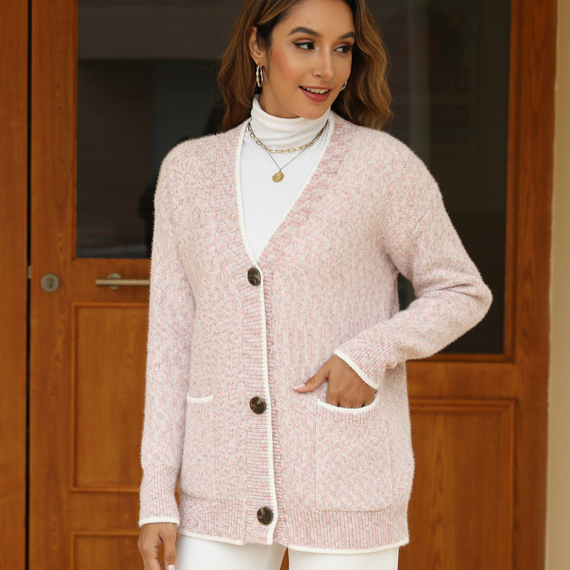 Women's Solid Color Knitted Cardigan Long Sleeve V-Neck Button Front Sweater with Pockets