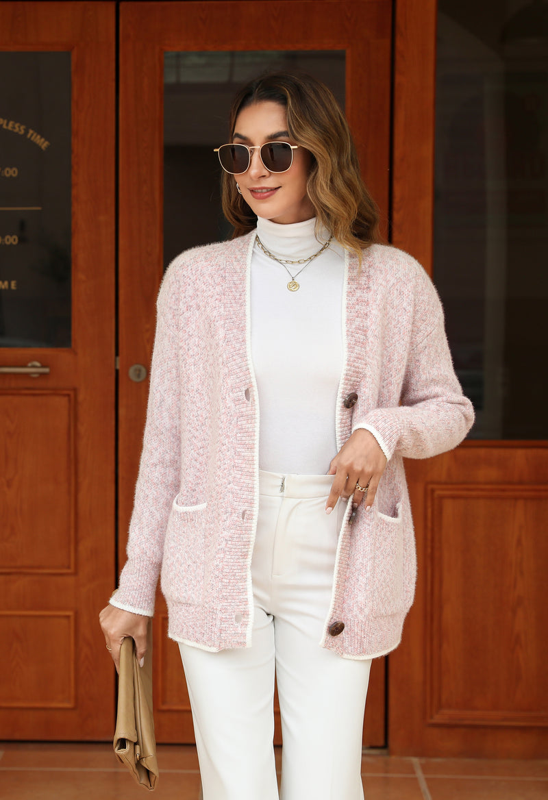Women's Solid Color Knitted Cardigan Long Sleeve V-Neck Button Front Sweater with Pockets