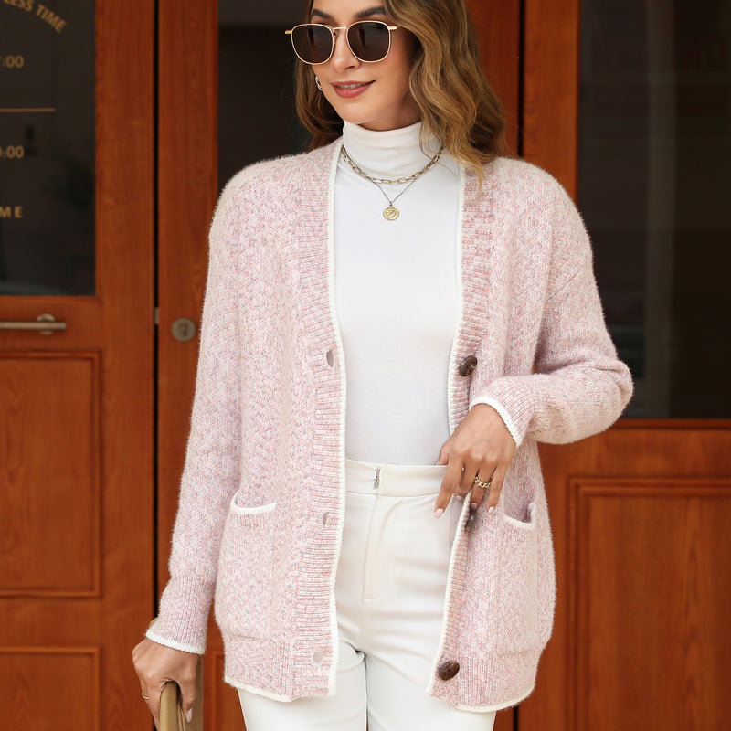 Women's Solid Color Knitted Cardigan Long Sleeve V-Neck Button Front Sweater with Pockets