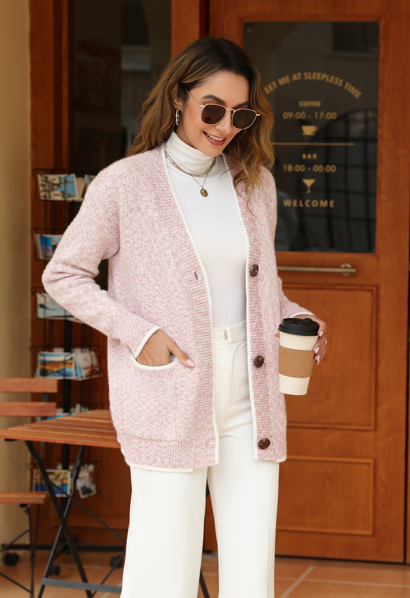 Women's Solid Color Knitted Cardigan Long Sleeve V-Neck Button Front Sweater with Pockets