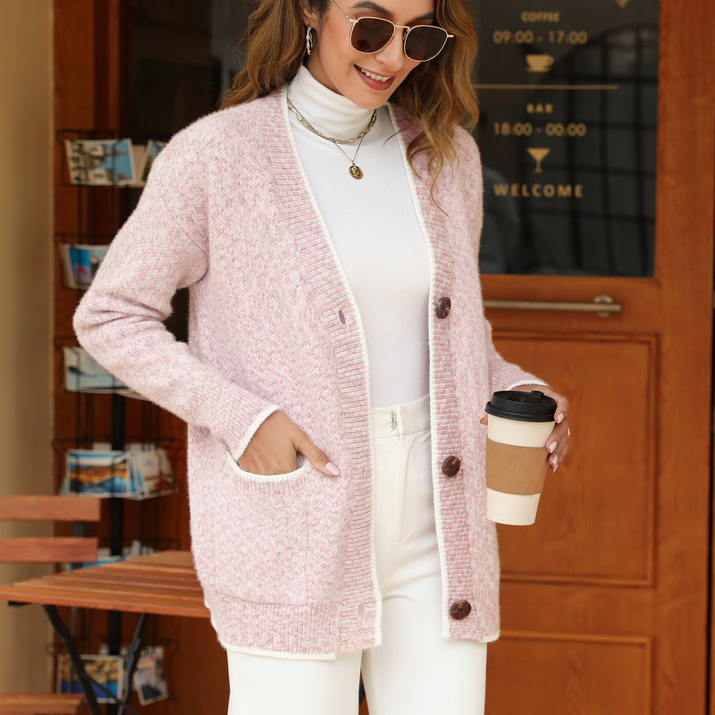 Women's Solid Color Knitted Cardigan Long Sleeve V-Neck Button Front Sweater with Pockets