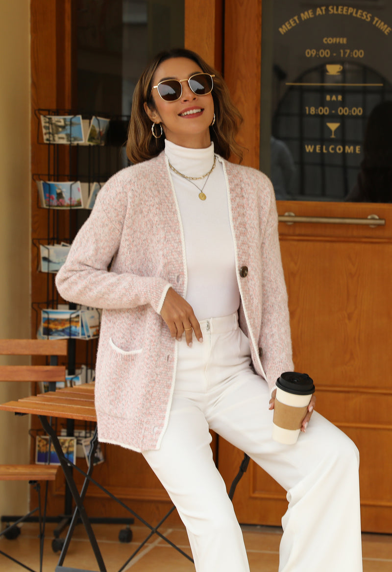 Women's Solid Color Knitted Cardigan Long Sleeve V-Neck Button Front Sweater with Pockets