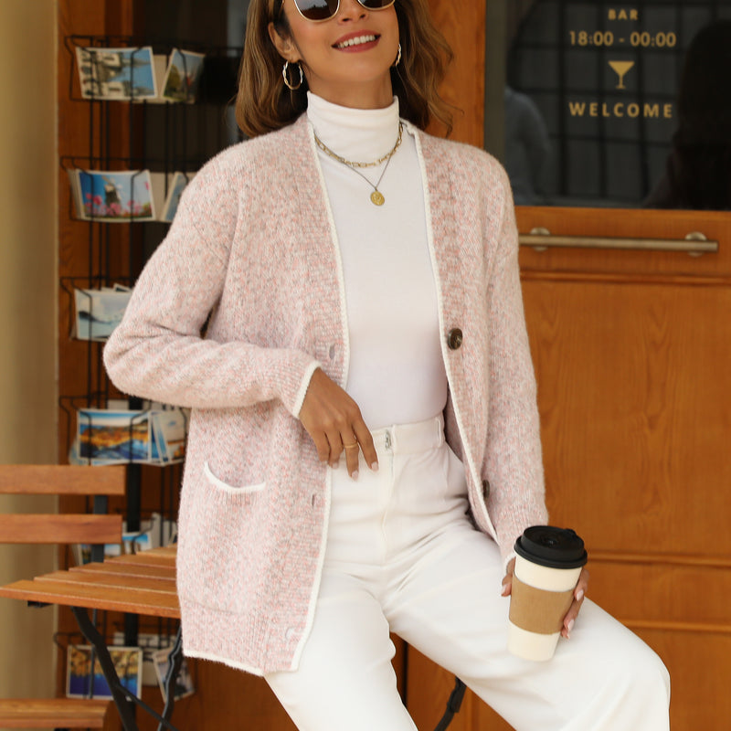Women's Solid Color Knitted Cardigan Long Sleeve V-Neck Button Front Sweater with Pockets