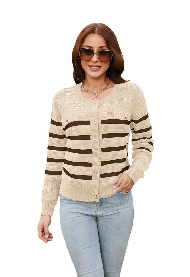 Women's Striped Knitted Cardigan Long Sleeve Button Front Beige Sweater