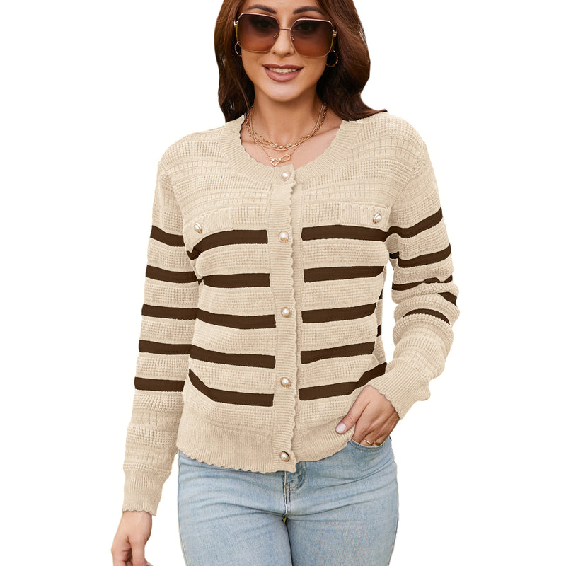 Women's Striped Knitted Cardigan Long Sleeve Button Front Beige Sweater