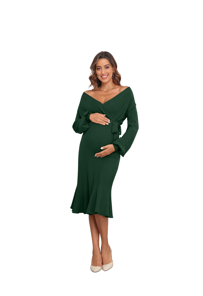 Women's Maternity Knitted Dress Long Sleeve V-Neck Belted Solid Color Midi Dress
