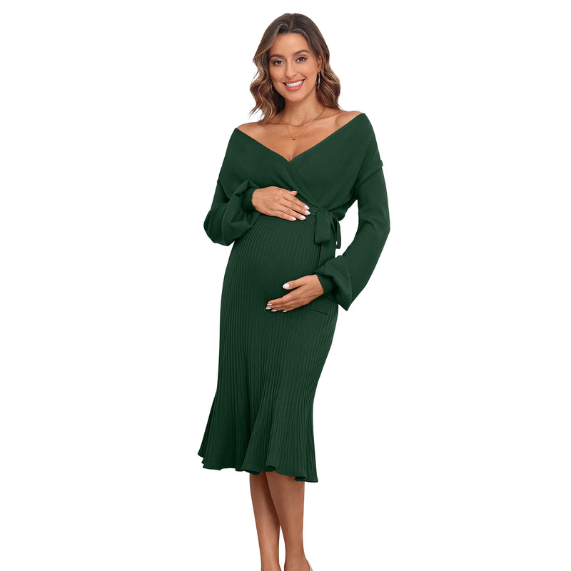 Women's Maternity Knitted Dress Long Sleeve V-Neck Belted Solid Color Midi Dress
