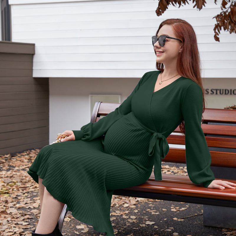 Women's Maternity Knitted Dress Long Sleeve V-Neck Belted Solid Color Midi Dress