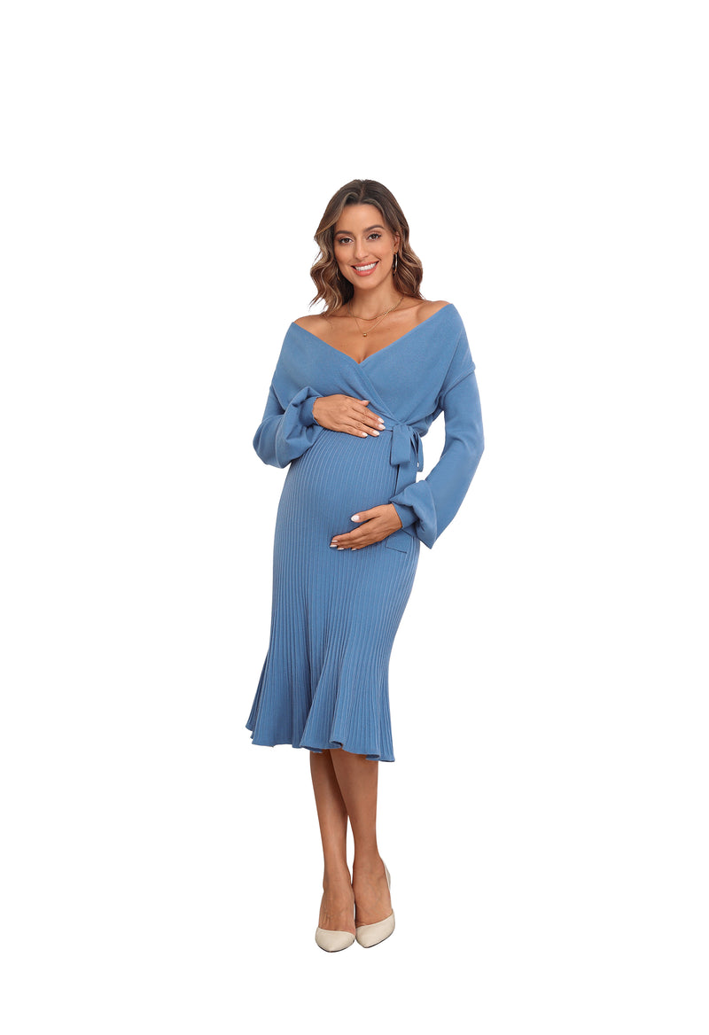 Women's Maternity Knitted Dress Long Sleeve V-Neck Belted Solid Color Midi Dress