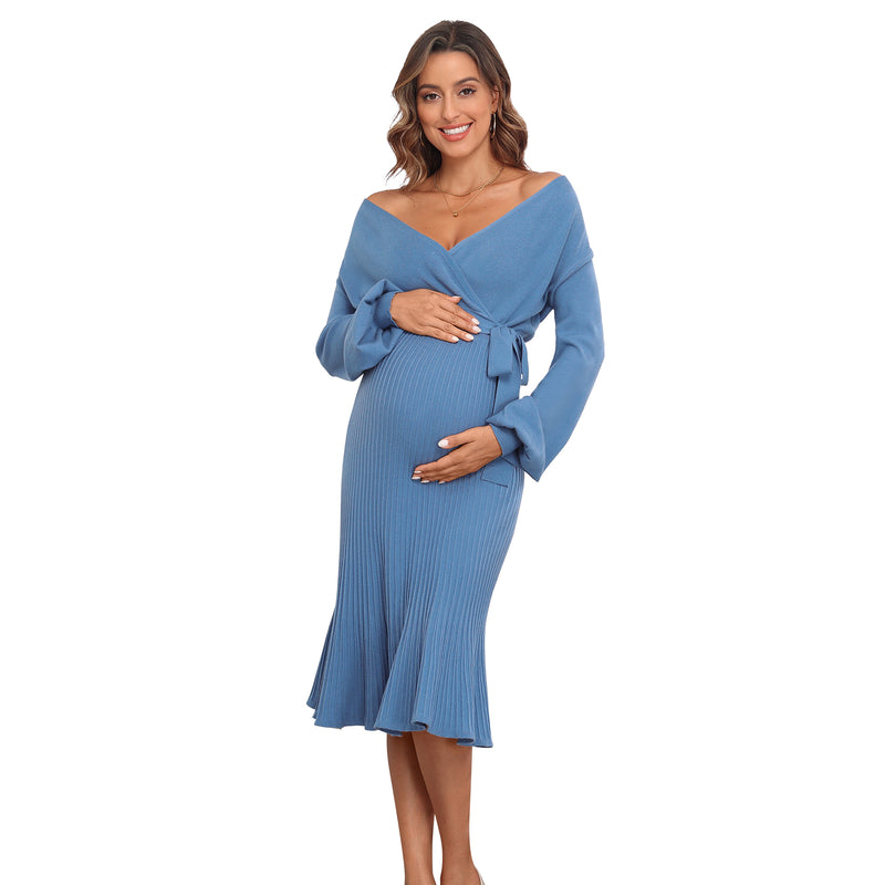 Women's Maternity Knitted Dress Long Sleeve V-Neck Belted Solid Color Midi Dress