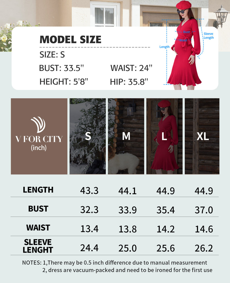 Women's Maternity Knitted Dress Long Sleeve V-Neck Belted Solid Color Midi Dress