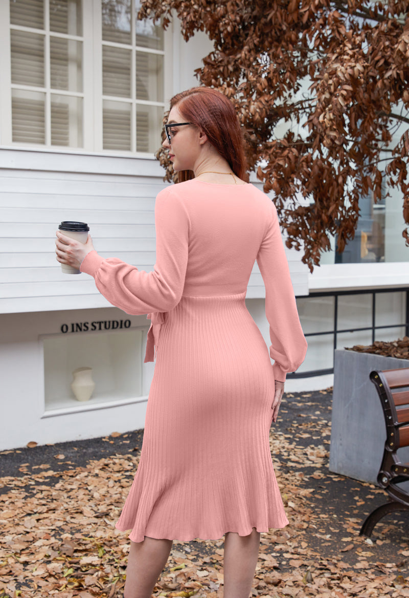 Women's Maternity Knitted Dress Long Sleeve V-Neck Belted Solid Color Midi Dress