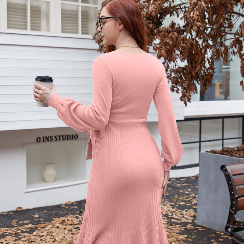 Women's Maternity Knitted Dress Long Sleeve V-Neck Belted Solid Color Midi Dress