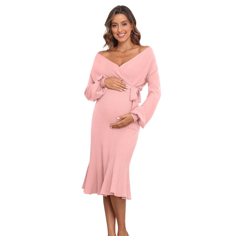 Women's Maternity Knitted Dress Long Sleeve V-Neck Belted Solid Color Midi Dress