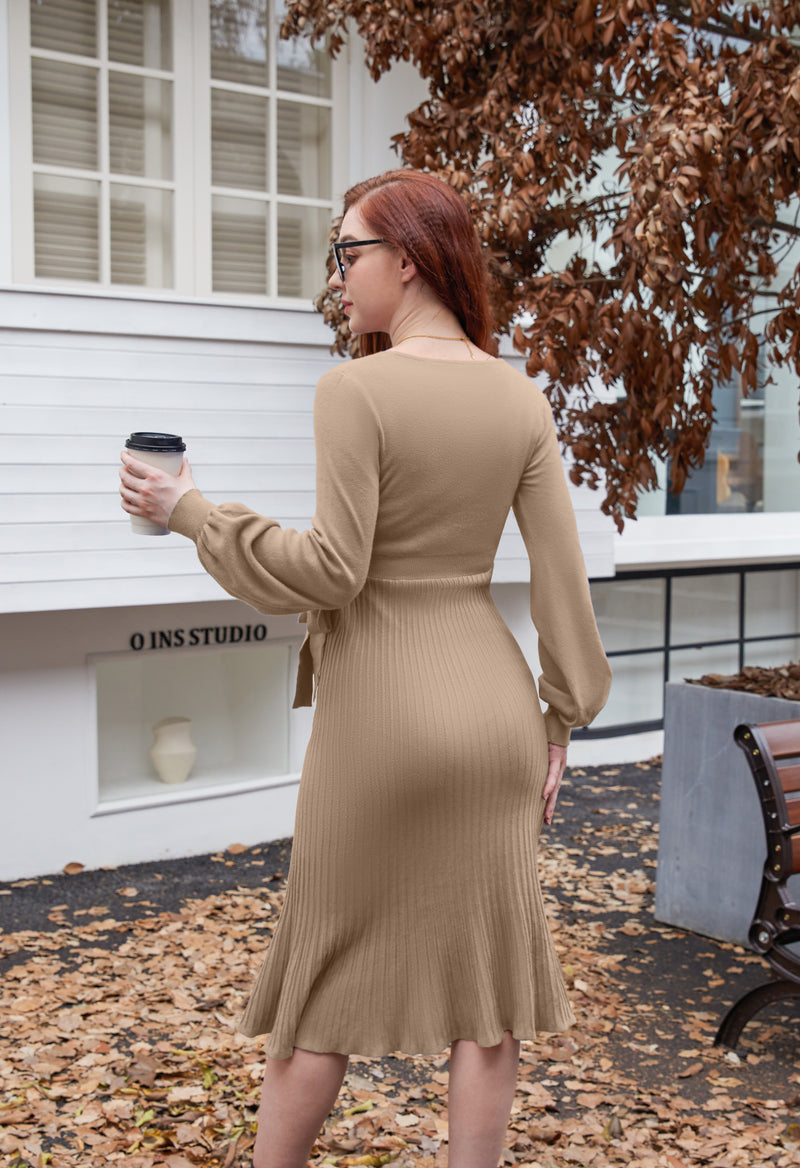 Women's Maternity Knitted Dress Long Sleeve V-Neck Belted Solid Color Midi Dress