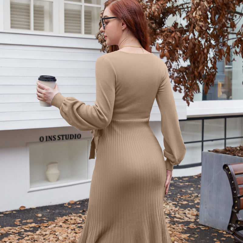 Women's Maternity Knitted Dress Long Sleeve V-Neck Belted Solid Color Midi Dress